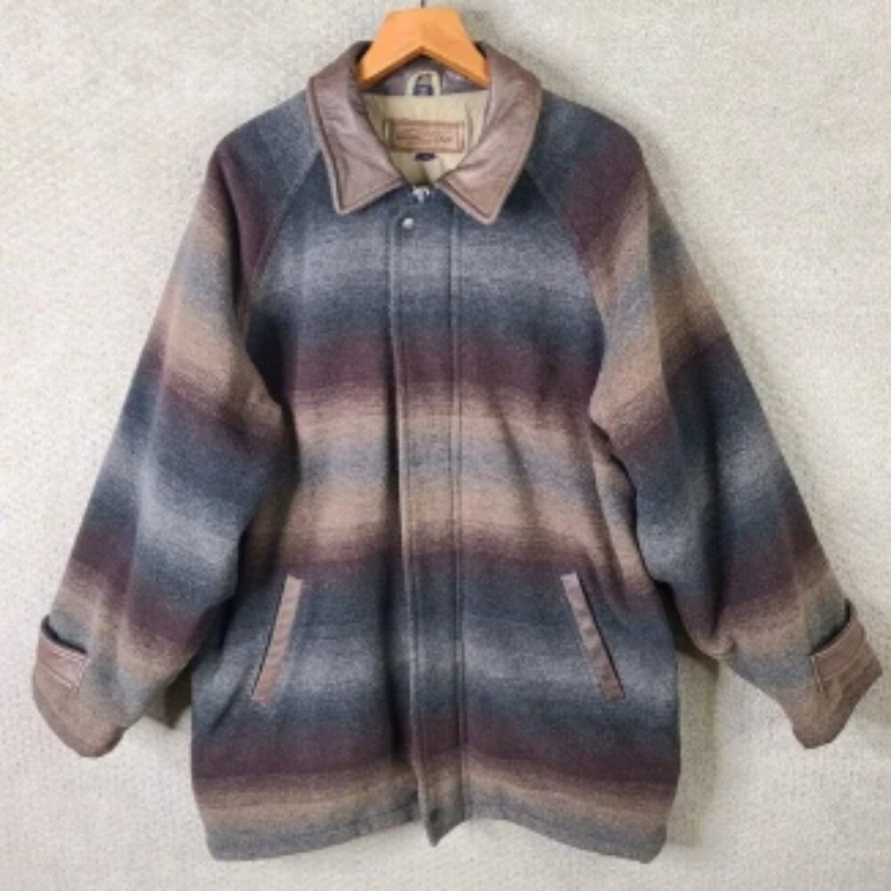 Brooks Brothers Jacket Mens Medium Brown‎ Gray Wool Blend Leather Trim Western